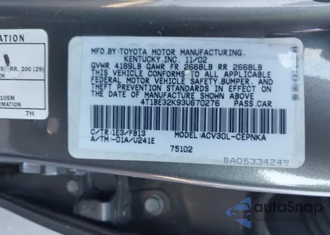 2003 Toyota Camry Le from USA, damaged, VIN 4T1BE32K93U670276